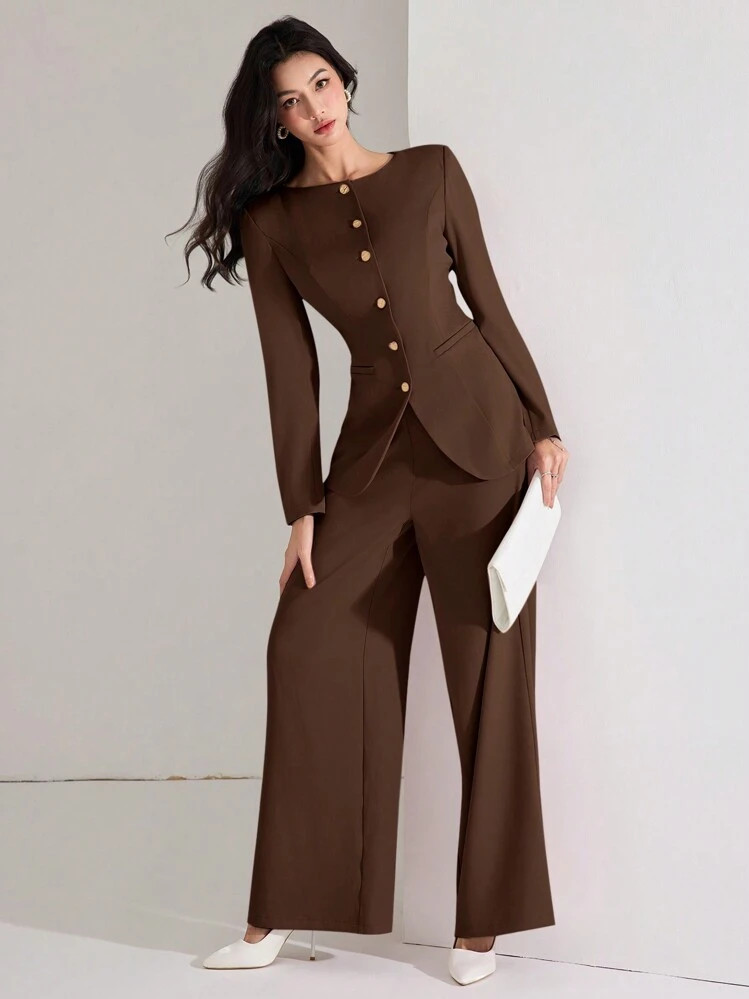Heiryn Women's Elegant Solid Color Fitted Jacket And Pants Suit Set, Chocolate Brown Modern Suiti... | SHEIN