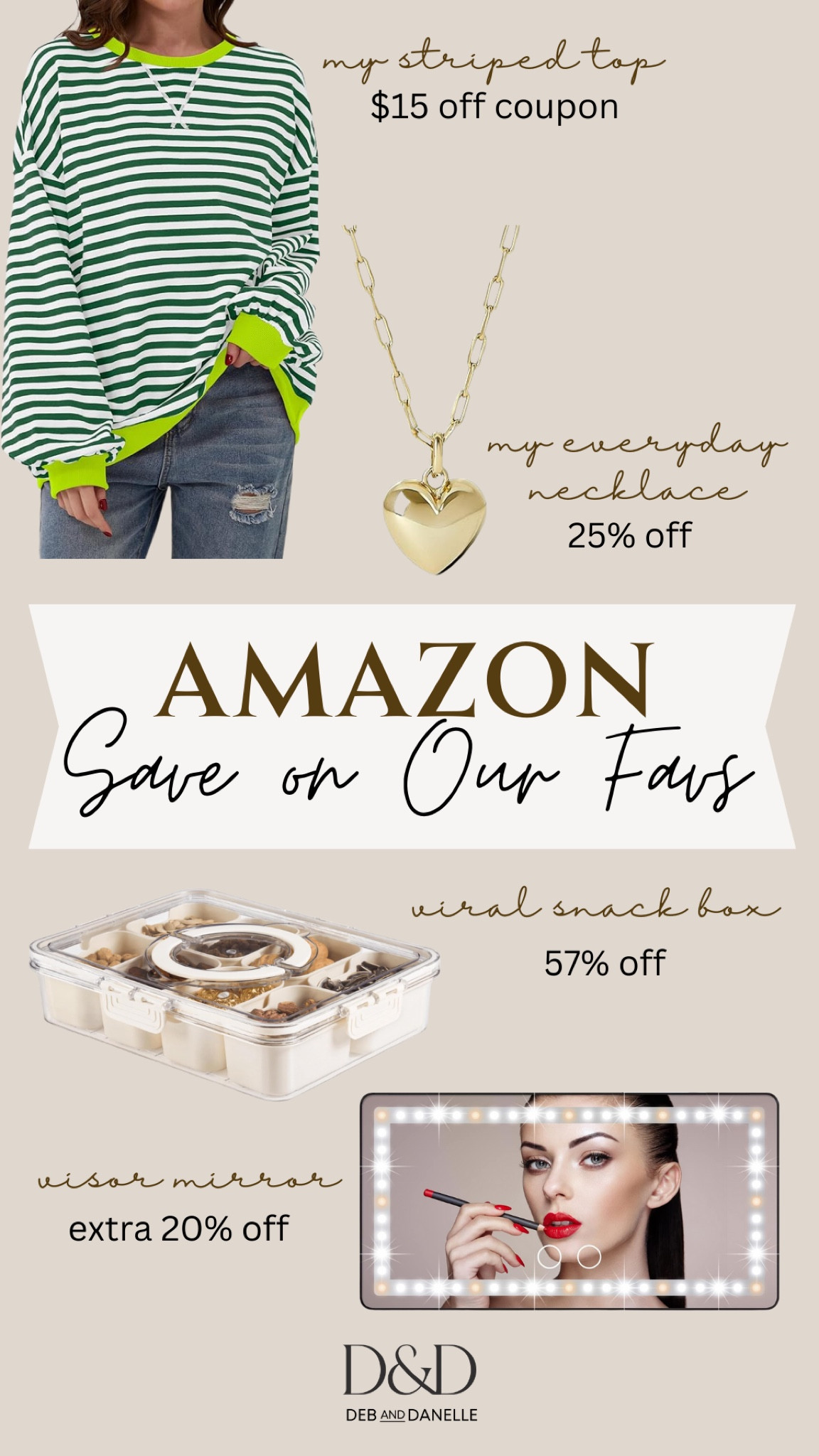 There are some great deals on some of our favorite Amazon products that we purchased this year. These two tops both have great color options for the upcoming Christmas season. I wear this necklace everyday and the quality is amazing. We also picked up the viral snack tray, a lighted vanity mirror for our vehicle, grounding sheets, a dual tray electric hot plate, and this couch tray. This is a great time to save! 

#LTKSaleAlert #LTKxPrimeDay #LTKFindsUnder50