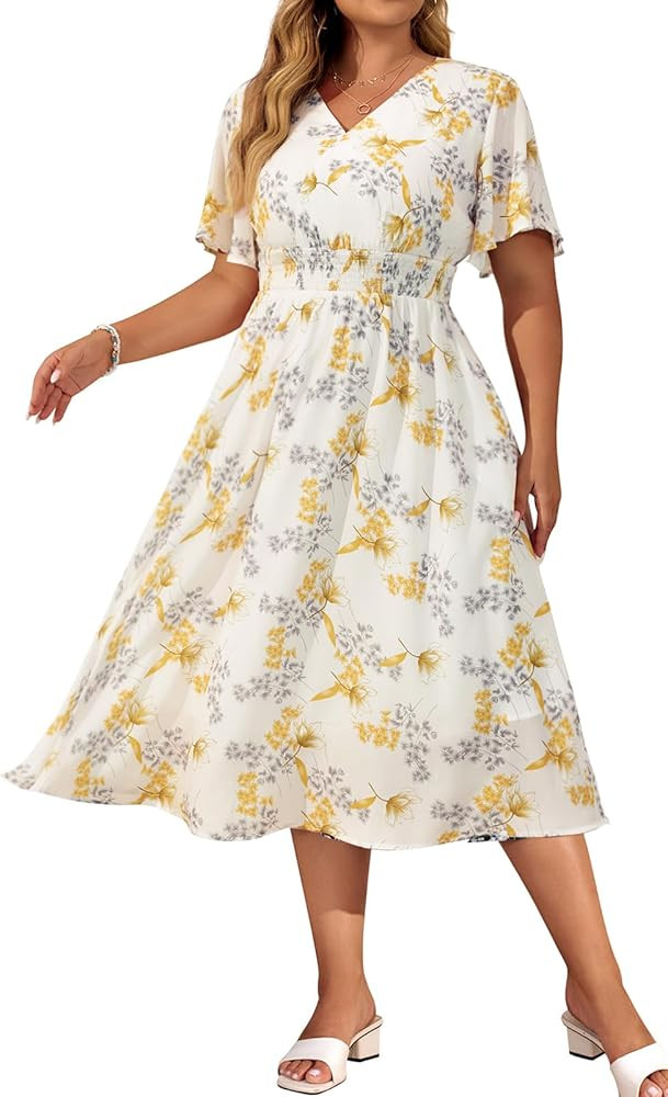 Hanna Nikole Women's Plus Size Summer Floral Dress Casual Short Sleeve Sundress Swing A Line Maxi... | Amazon (US)