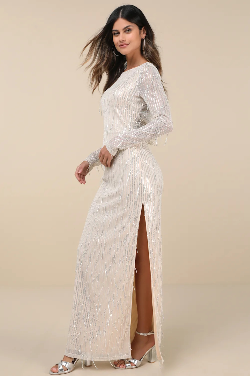 Glittery Devotion Champagne Sequin Fringe Maxi Dress | Lulus