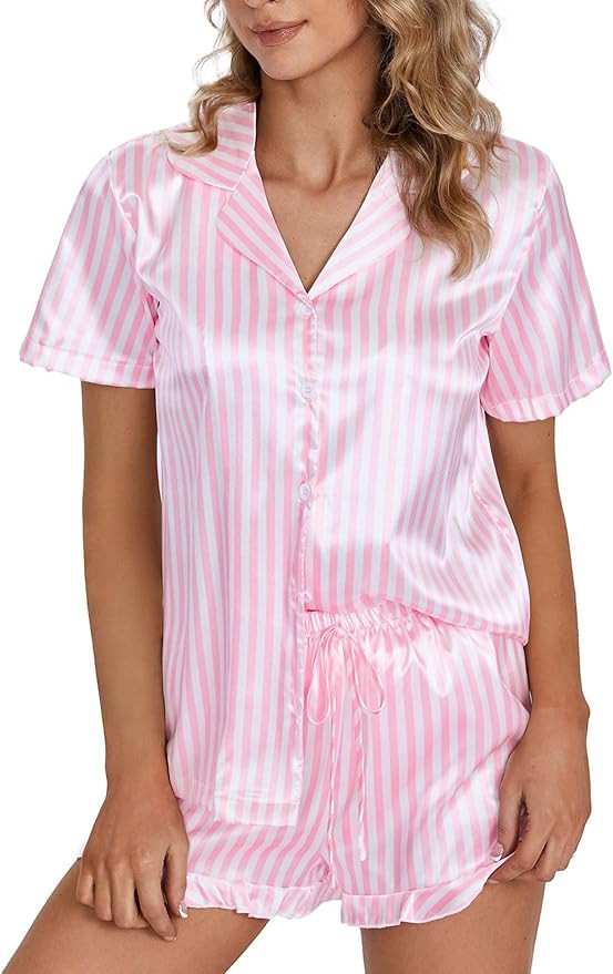 OPOIPIN Women's Satin Pajamas Set 2 Piece Button Down Silk Ruffle Shorts Pjs Notch Collar Sleepwe... | Amazon (US)