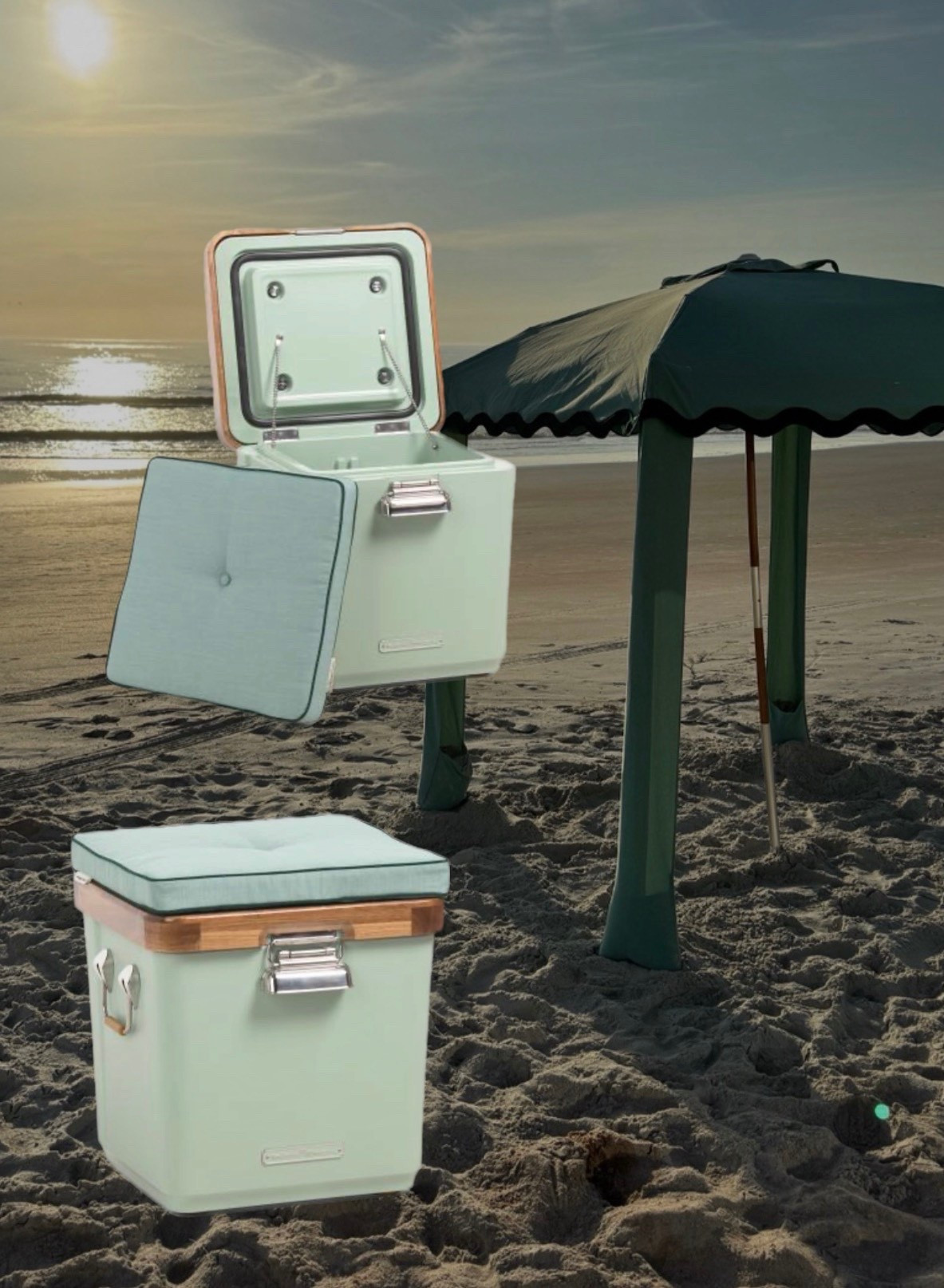 For the beach! Cooler with a cushion seat + scallop beach tent 