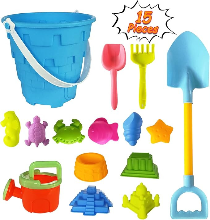 Beach Sand Toy Set for Kids, 15PCS Sand Toys with Beach Bucket, Watering Can, Big Shovel, Rake, S... | Amazon (US)