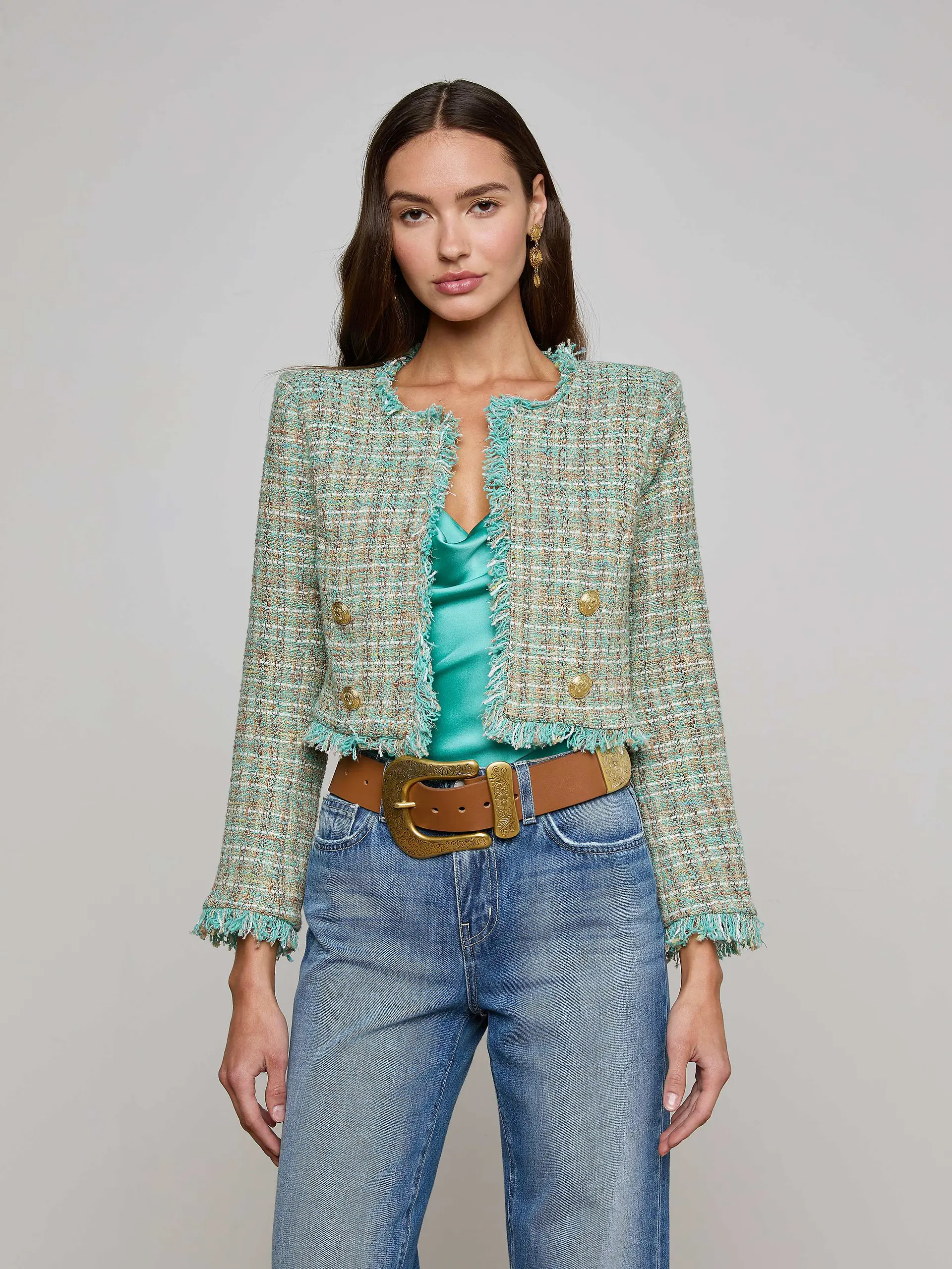 Clydie Cropped Tweed Jacket in Lagoon/Light Brown Tweed | L'AGENCE | L'Agence