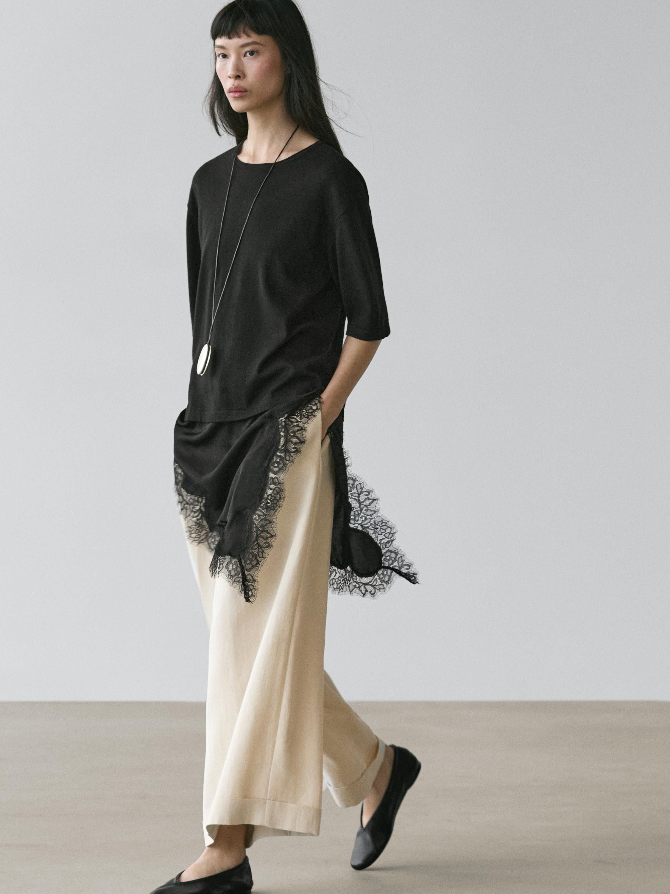Sweater with contrast lace detail | Massimo Dutti US