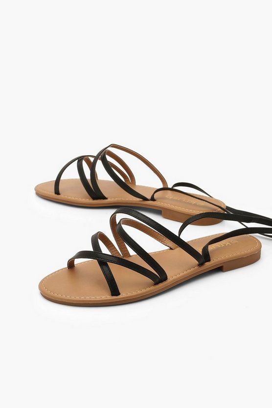 Strappy Ankle Tie Flat Sandals | Boohoo.com (US & CA)