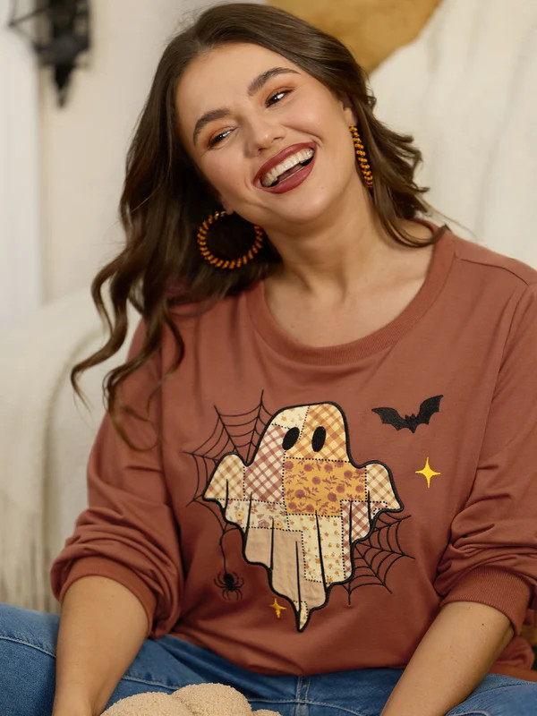 Stretch Ghost Bat Spider Web Embroidered Sweatshirt | Bloomchic