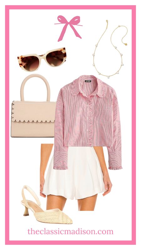 Preppy timeless pinstripe top with white shorts and classic accessories 