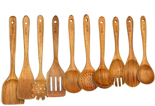 10 Pack Wooden Kitchen Utensils Set Wooden Utensils for Cooking Wooden Spoons and Spatula Set (10) | Amazon (US)
