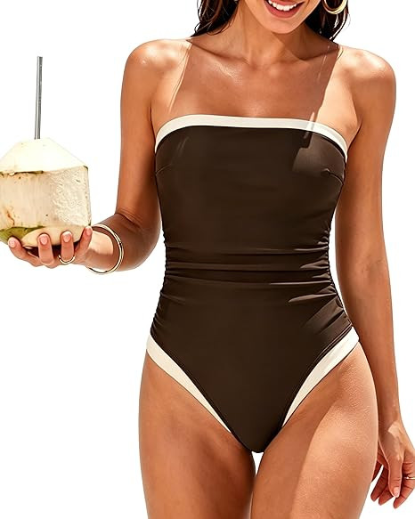 SUUKSESS Women One Piece Tummy Control Swimsuit Strapless Bandeau Bathing Suit | Amazon (US)