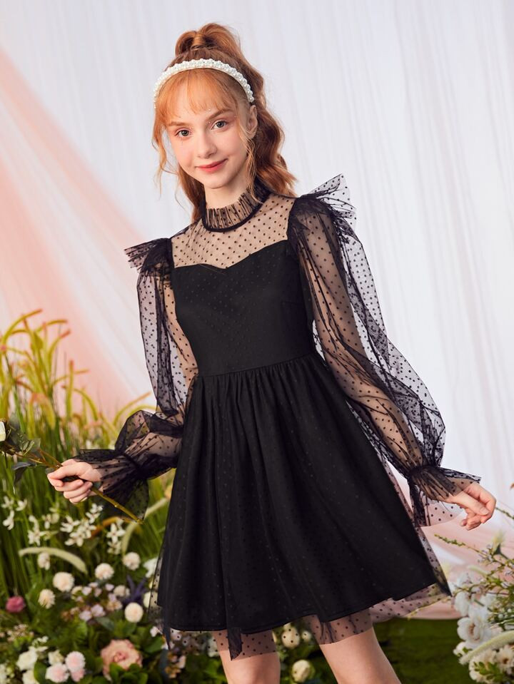 SHEIN Teen Girls Dobby Mesh Flounce Sleeve Dress | SHEIN