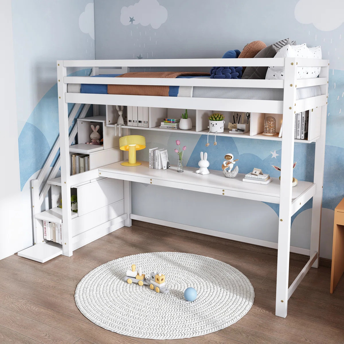 Harriet Bee Wood House Bunk Bed 90*190 Cm, Children's Loft Bed With Storage Stairs, Made Of Pine ... | Wayfair UK