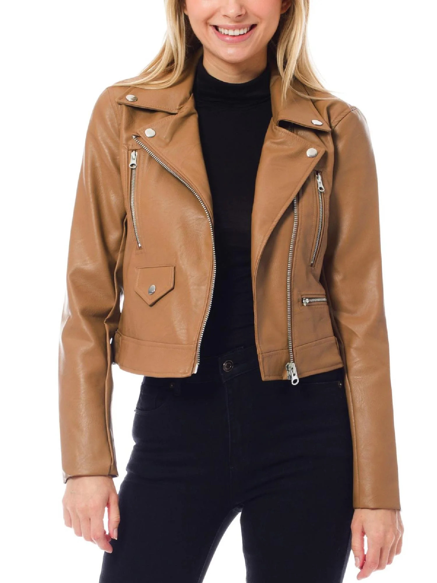 MixMatchy Women's Faux Leather Long Sleeve Zipper Closure Moto Biker Short Coat Jacket | Walmart (US)