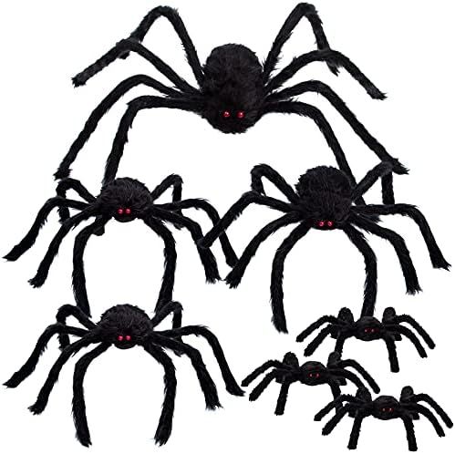 7 PCS Halloween Spider Decorations, Realistic Black Giant Spider Set Scary Hairy Fake Spiders Pro... | Amazon (US)
