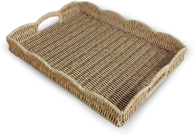Serving Tray with Scalloped Edge, Rectangular Wicker Tray with Handles, Ideal for Breakfast or Me... | Amazon (US)