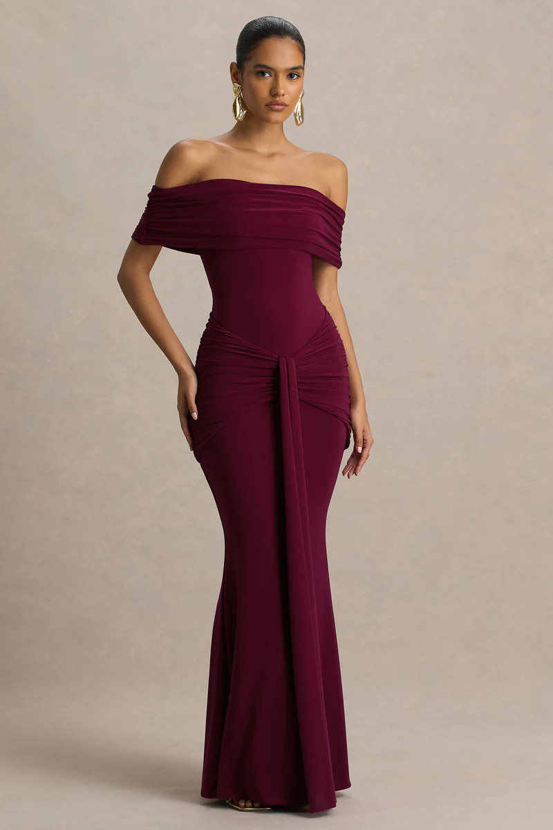 Envisioned  Burgundy Bardot-Neck Maxi Dress With Gathered And Drape Detail | Club L London