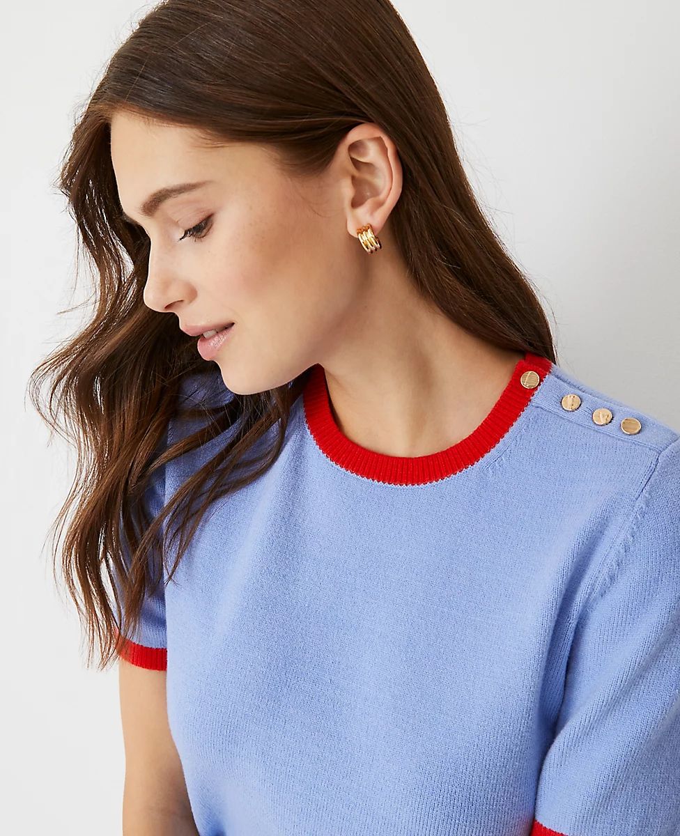 Petite Tipped Shoulder Button Sweater Tee | Ann Taylor (US)