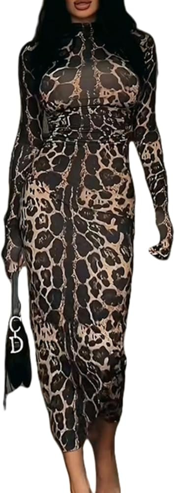 Women's Half Turtleneck Long Sleeve Slim Fit Hip Dress Fashion Leopard Print Elegant Bodycon | Amazon (US)