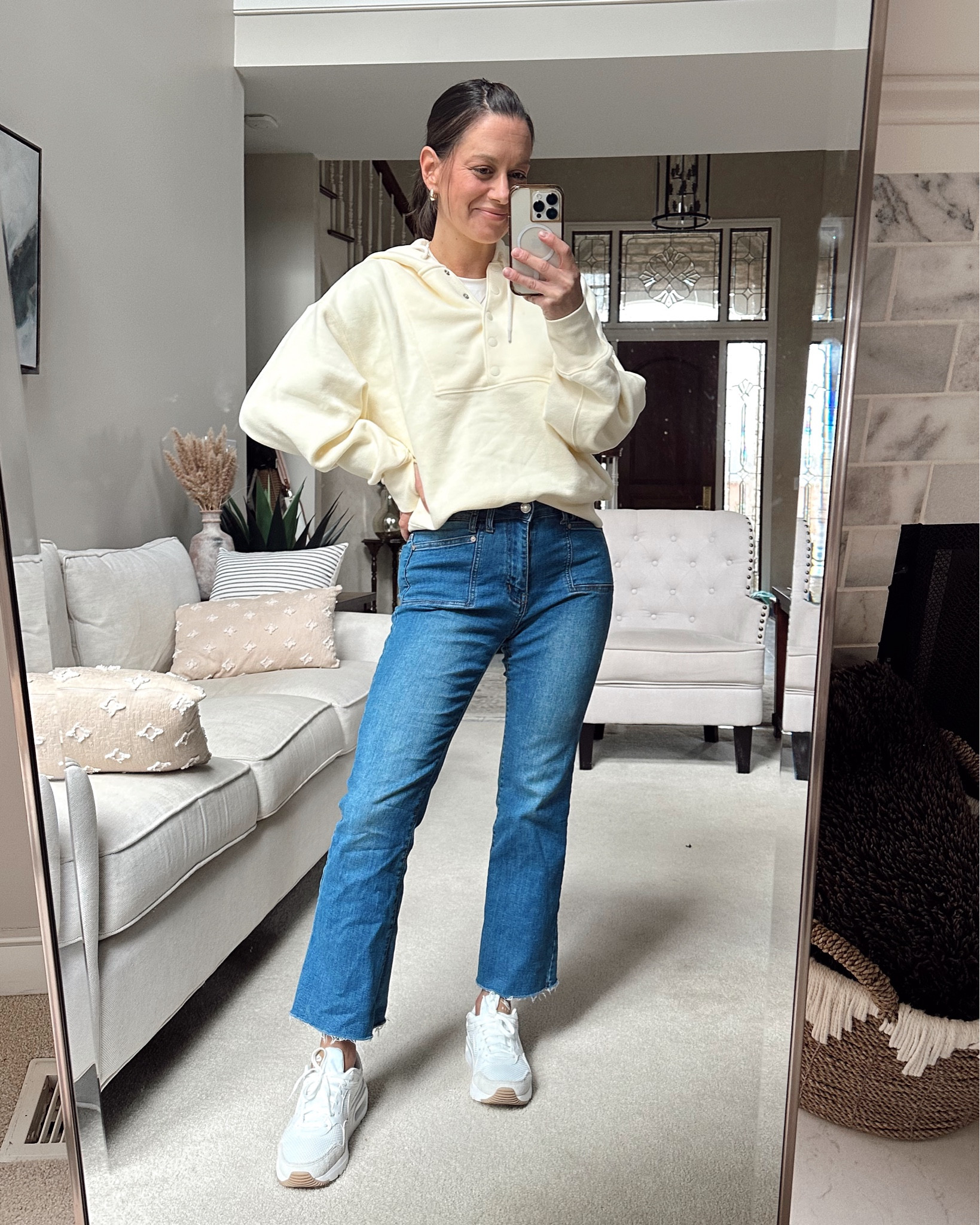 Mom outfit of the day! 
Aerie sweatshirt runs true to size - wearing a small.
Jeans run true to size - I’m wearing a 2. 
Nike sneakers run a little small - I sized up 1/2 a size.



#LTKPetite #LTKSaleAlert #LTKOver40