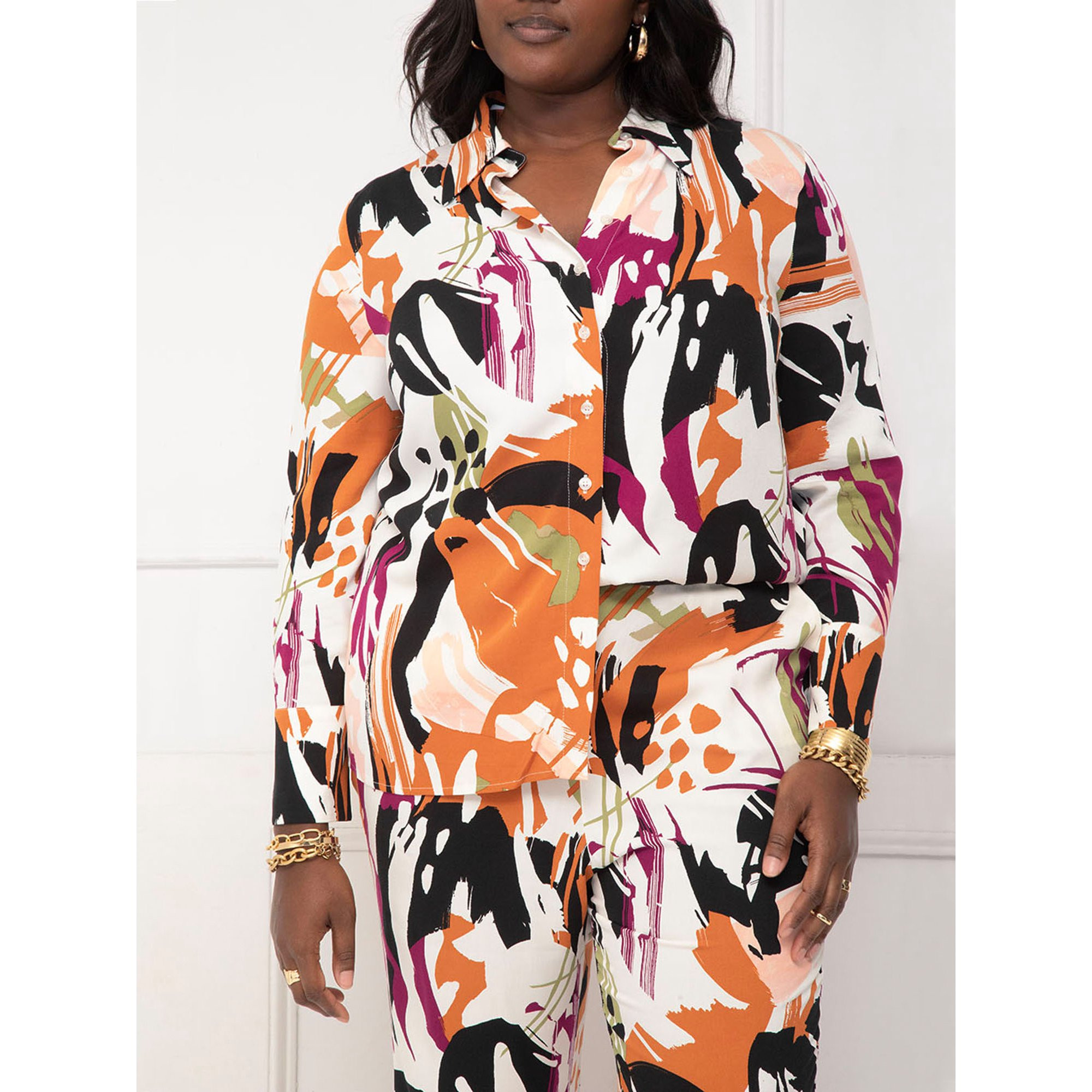 ELOQUII Elements Women's Plus Long Line Printed Button-Down Blouse | Walmart (US)