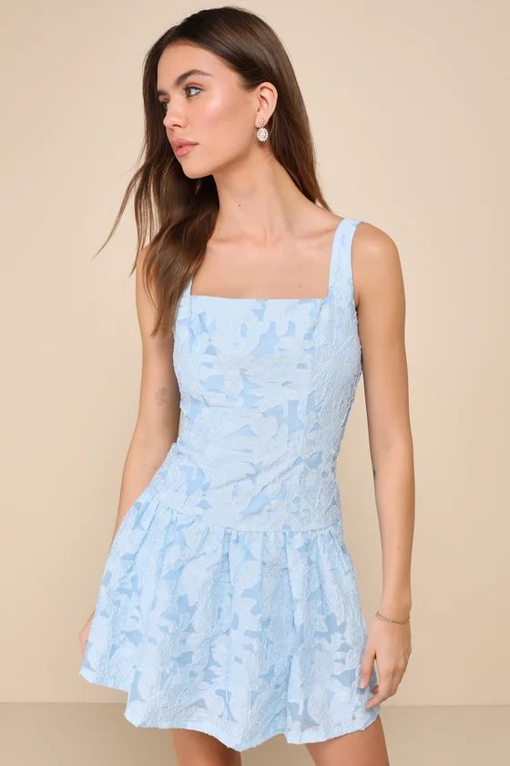 Exuberant Elegance Light Blue Jacquard Drop Waist Mini Dress | Lulus