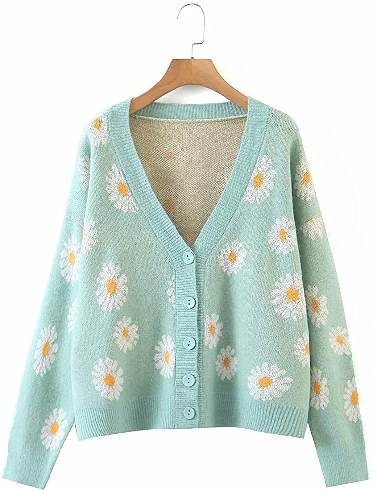 Women's Floral Knitted Cardigans Sweater Long Sleeve V Neck Loose Button Down Vintage Tops | Amazon (US)