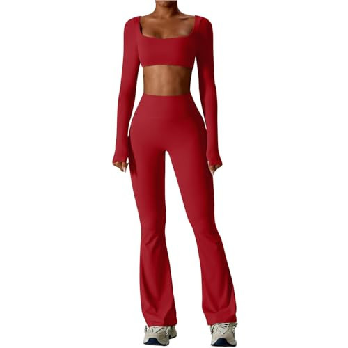 ABOCIW Workout Sets for Women Square Neck Long Sleeve Crop Top Scrunch Butt Lifting High Waist Flare Leggings 2 Piece Gym Yoga Outfits Y-Cherry Red Small | Amazon (US)
