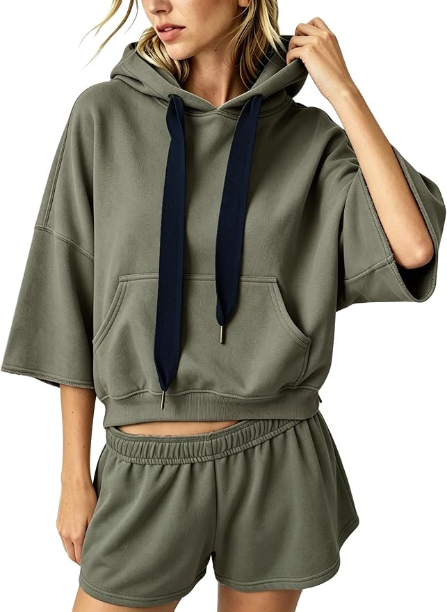 Megfie Womens Cropped Three Quarter Sleeve Hoodie Contrast Drawcord | Amazon (US)
