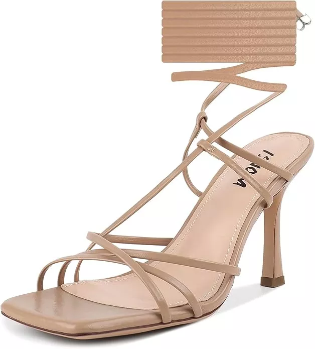  ISNOM Lace Up Heels Sandals for Women, Square Toe, Open Toe  Thong, Stiletto Heels Design | Heeled Sandals
