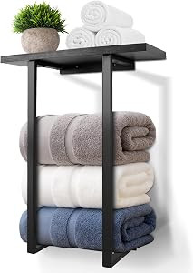 Towel Racks for Bathroom Wall Mounted, Metal Towel Holders with Black Wooden Shelf, Rolled Bath T... | Amazon (US)