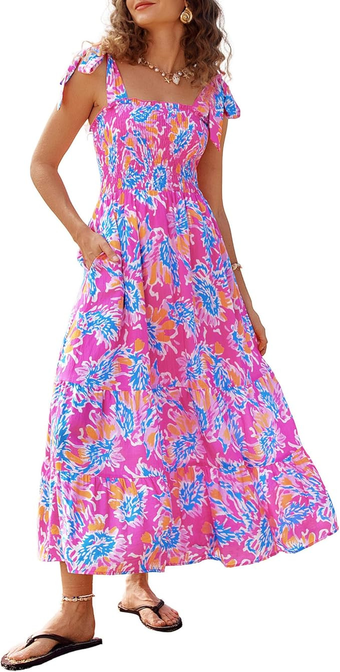 Kate Kasin Summer Womens Floral Boho Maxi Dress, Spaghetti Tie Strap Long Sun Dresses, 2026 Vacat... | Amazon (US)