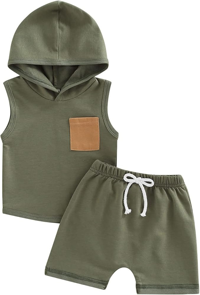 Toddler Boys Summer Clothes Newbron Baby Shorts Set Sleeveless Hooded Tops & Drawstring Shorts In... | Amazon (US)