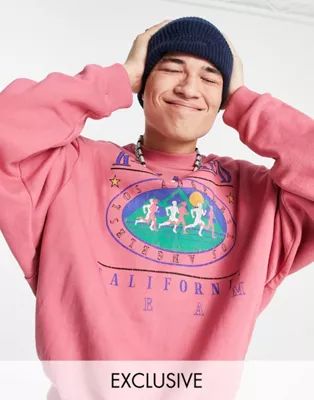 Reclaimed Vintage Inspired unisex sweatshirt with running graphic in washed pink | ASOS (Global)