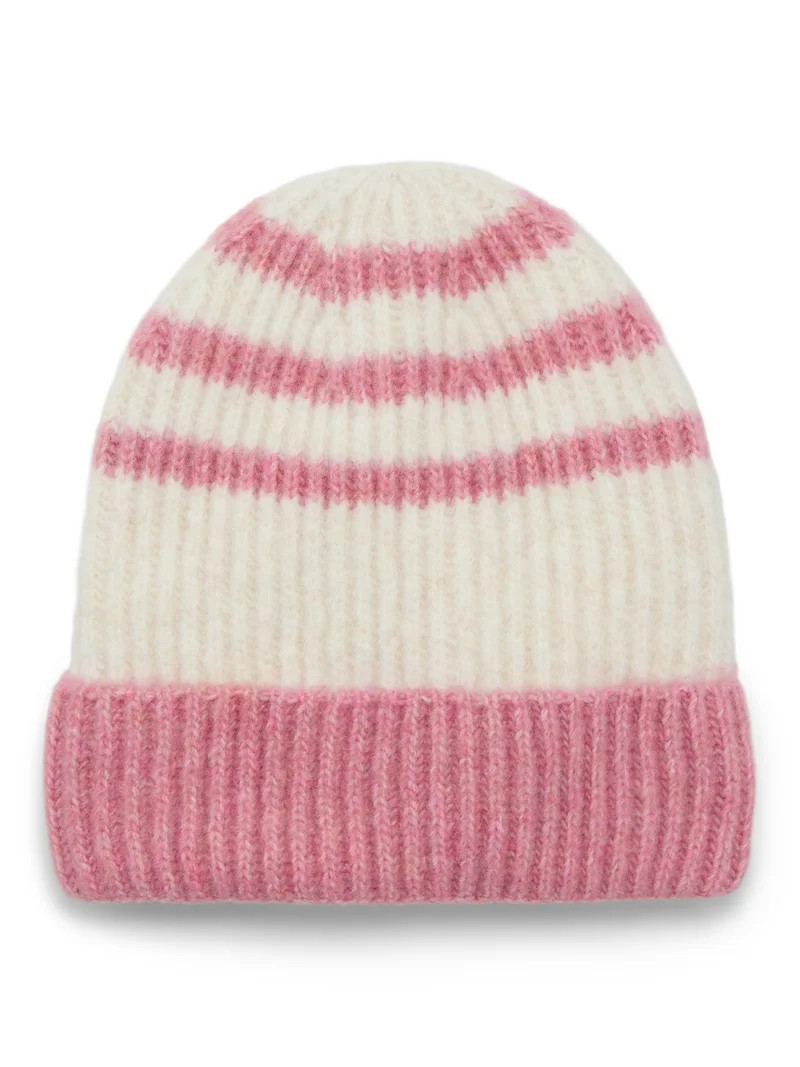 Time and Tru Women's Sporty Stripe Beanie, One Size Fits Most, Pink Combo | Walmart (US)