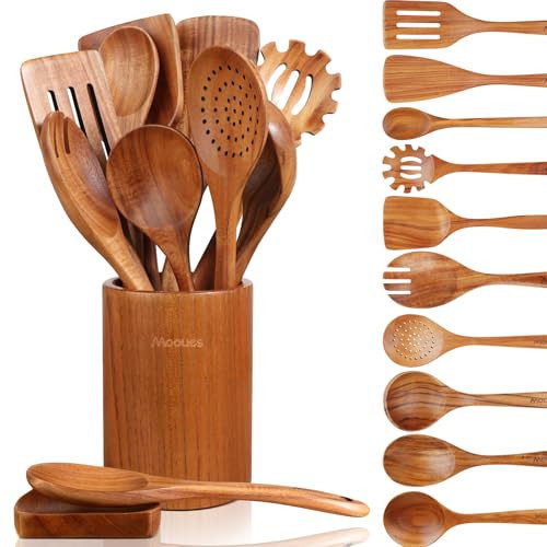Mooues 12 Piece Wooden Spoons for Cooking, Wooden Utensils for Cooking with Utensils Holder, Natural Teak Wooden Kitchen Utensils Set with Wooden Spoon Rest, Comfort Grip | Amazon (US)
