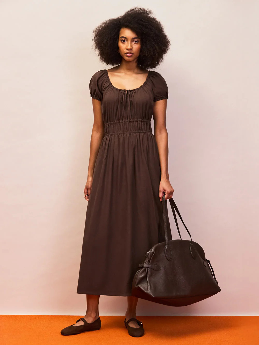 Petite Brown Gathered Neck Cotton Dress | Ro&Zo