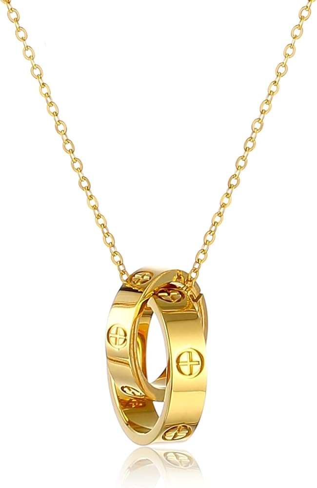 Women's Cubic Zirconia Round Necklace, 18K Gold Stainless Steel Heart-Shaped Double Ring Necklace... | Amazon (US)