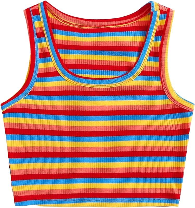 Women's Rainbow Striped Sleeveless Round Neck Ribbed Tank Crop Top Vest | Amazon (US)