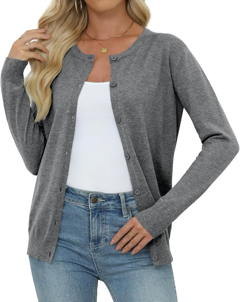 Yincro Womens Crew Neck Cardigan Long Sleeve Knit Cardigans Sweater S-2XL | Amazon (US)