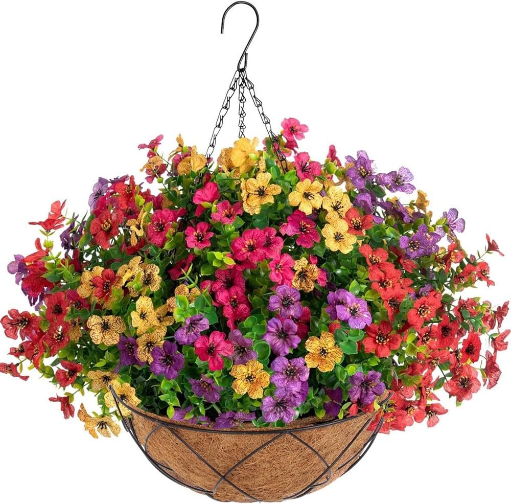Artificial Faux Hanging Plants Flowers Basket for Spring Summer, Colorful Daisy Flowers Eucalyptu... | Amazon (US)