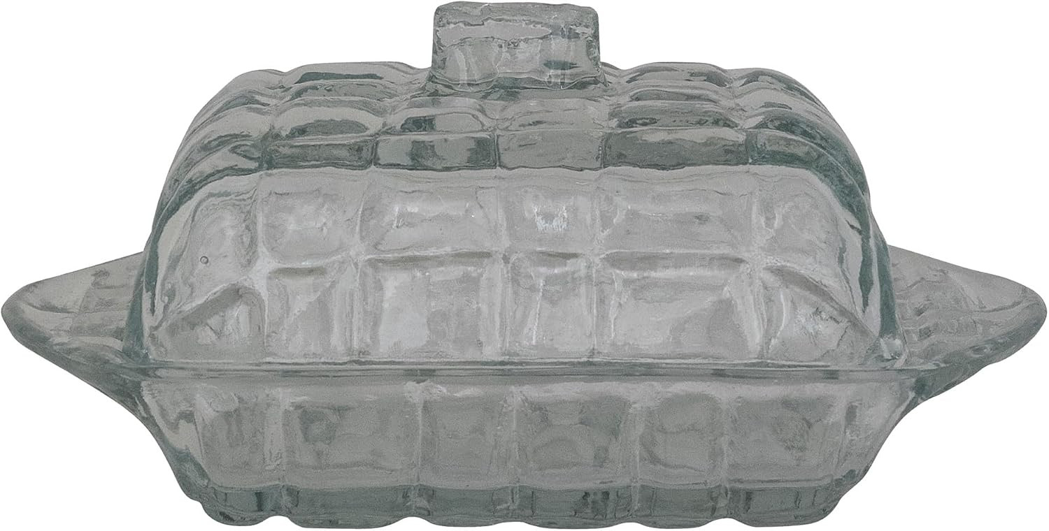 Creative Co-Op Pressed Glass Butter Dish with Grid Pattern, Clear | Amazon (US)