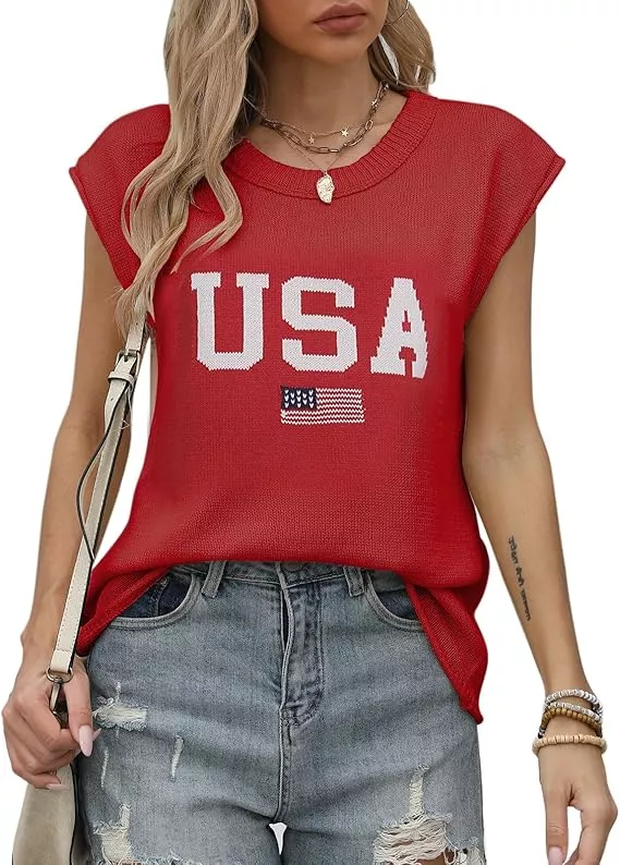 Alsol Lamesa Women’s American Flag Graphic Cap Sleeve Vest Knit Lightweight Sweater Crew Neck T... | Amazon (US)