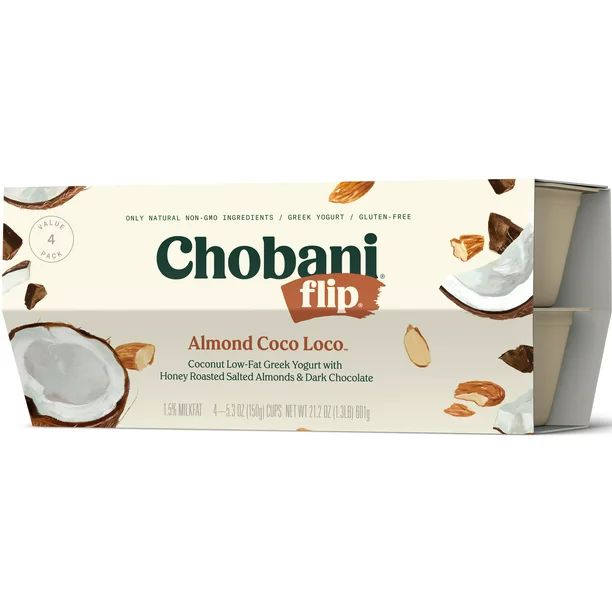 Chobani Flip Low-Fat Greek Yogurt, Almond Coco Loco 5.3 oz, 4 Count - Walmart.com | Walmart (US)