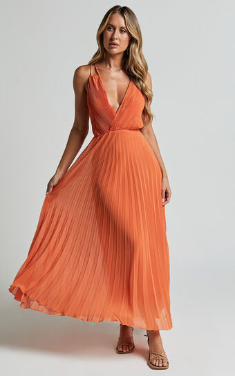 Brylee Midi Dress - Satin Pleated Wrap Dress in Orange | Showpo (US, UK & Europe)