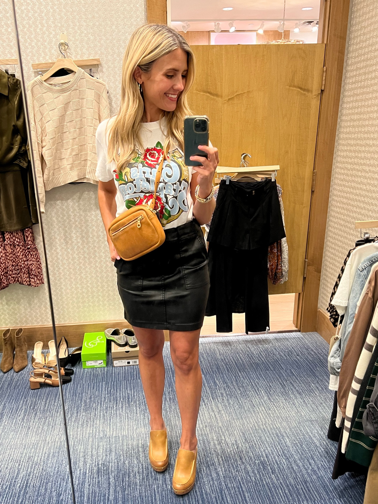 Ready for Chris Stapelton 🤠❤️love this easy going, coated denim skirt and graphic tee combo. Paired it with some lightweight heeled mules, a leather crossbody and gold jewelry. 

#LTKitbag #LTKshoecrush #LTKstyletip