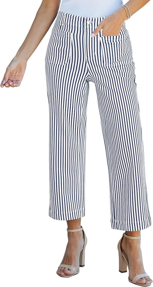 luvamia Striped Jeans for Women Trendy High Waisted Cropped Wide Leg Pants Stretchy Denim Patch P... | Amazon (US)