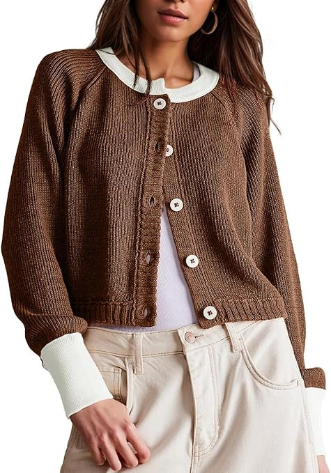 Women's Cropped Cardigan Sweaters Long Sleeve Open Front Cardigans Sweater Button Down Crewneck K... | Amazon (US)