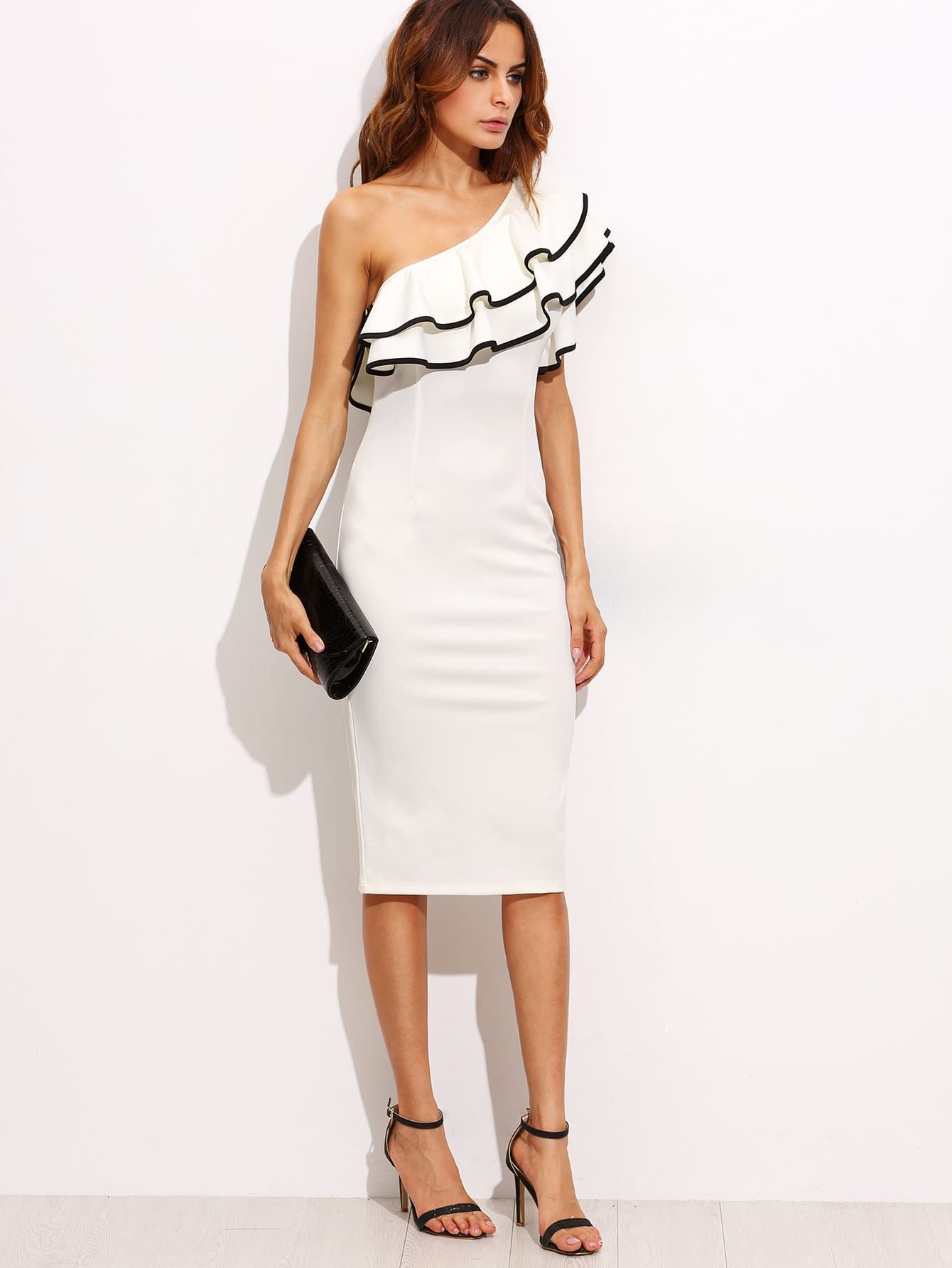 Frill Oblique Shoulder Contrast Binding Dress | SHEIN