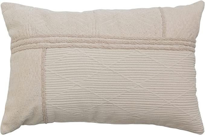 Creative Co-Op Cotton Lumbar Pillow with Rope Embroidery and Chambray Back, Natural | Amazon (US)