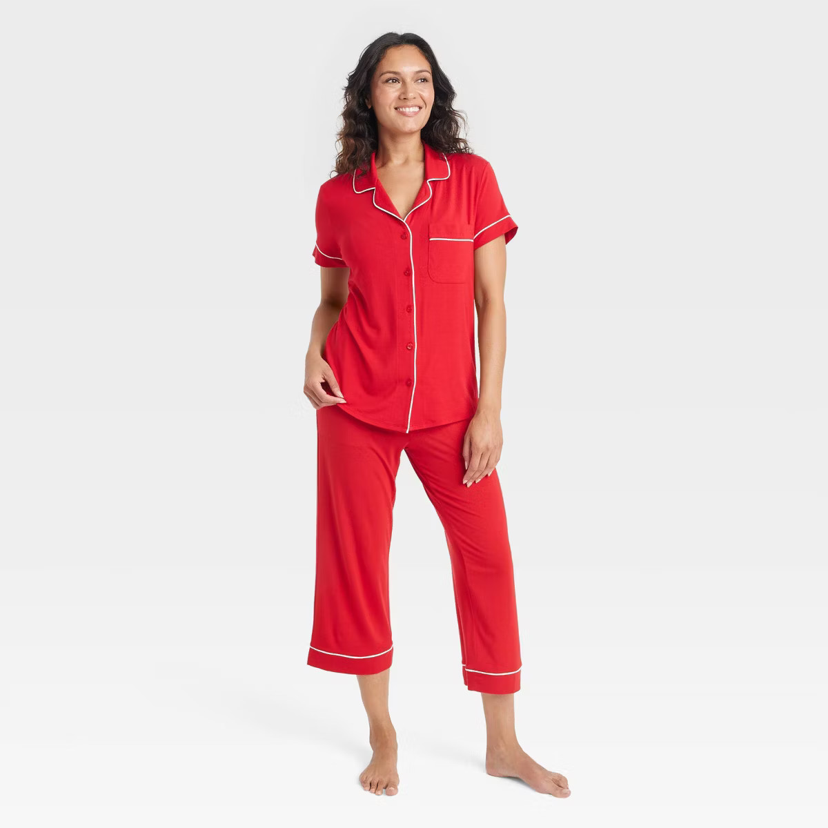 Women's Cloud Knit Short Sleeve Notch Collar Top and Cropped Pants Pajama Set - Auden™ | Target